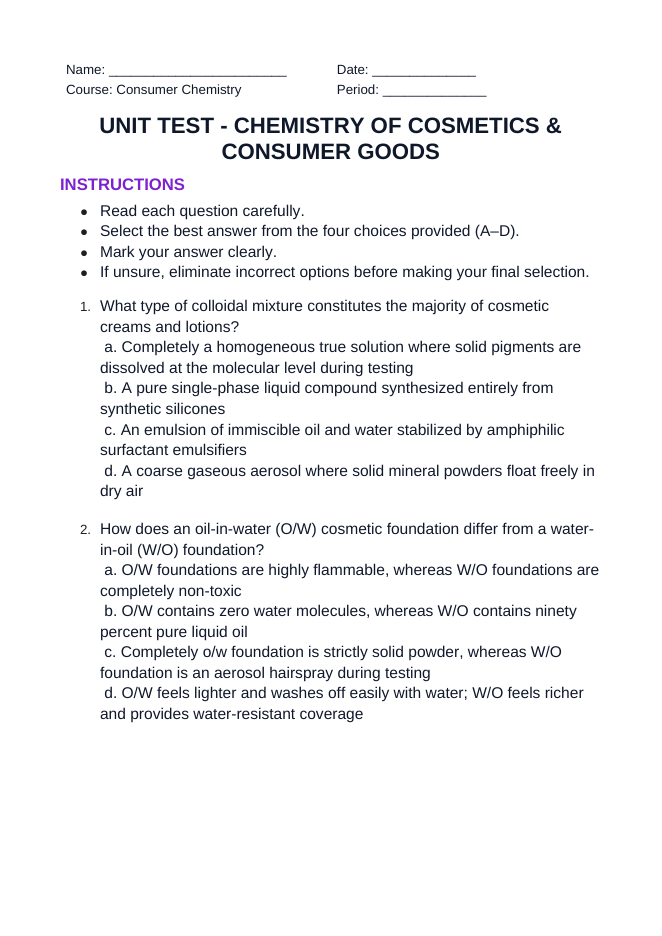 Chemistry of Cosmetics & Consumer Goods Unit Test sample page