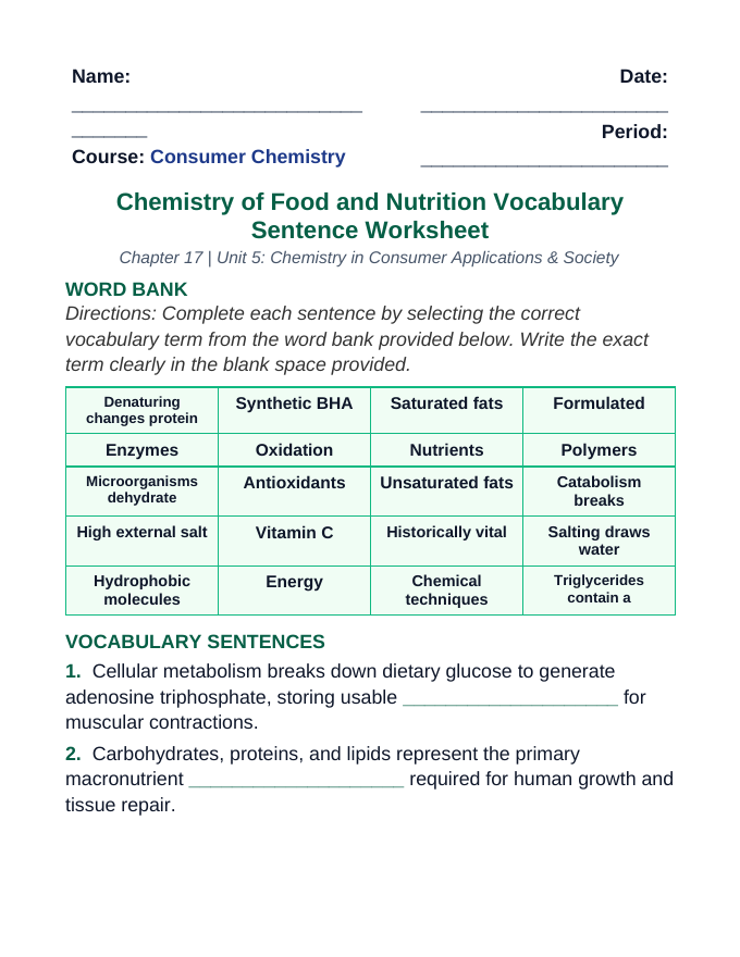 Chemistry of Food & Nutrition Fill-in-the-Blank Vocabulary Worksheet sample page
