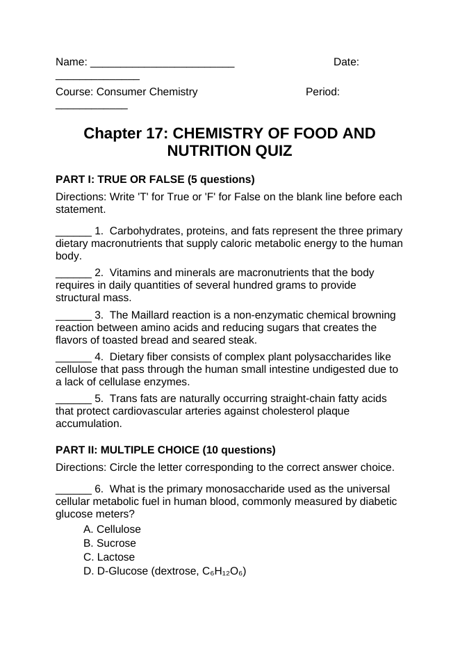 Chemistry of Food & Nutrition Lesson Quiz sample page
