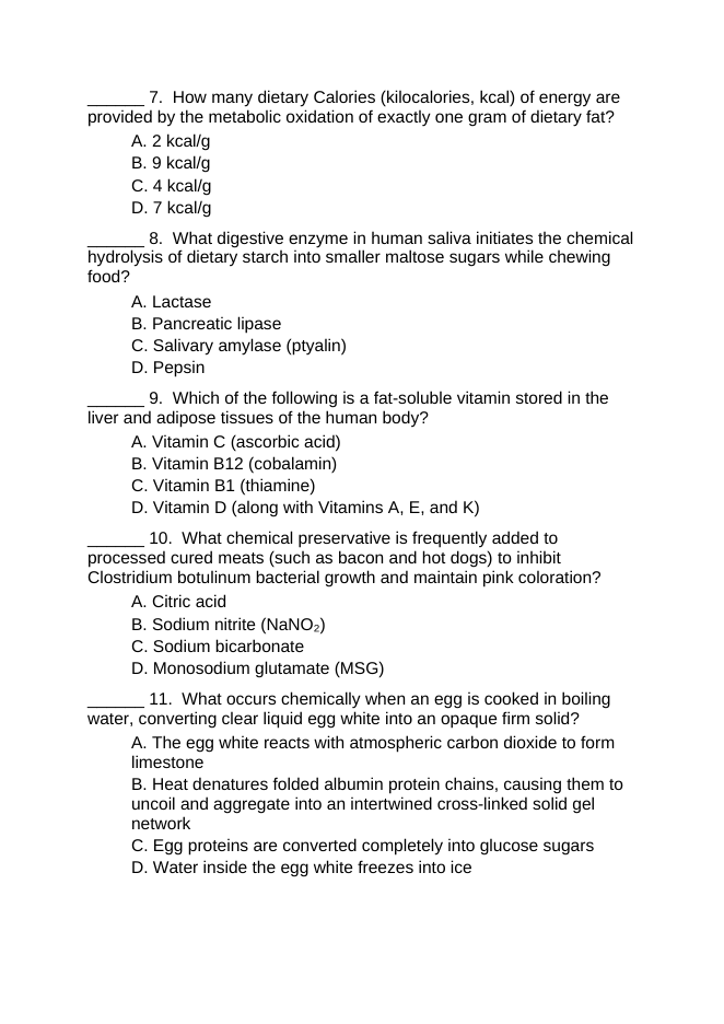 Chemistry of Food & Nutrition Lesson Quiz sample page
