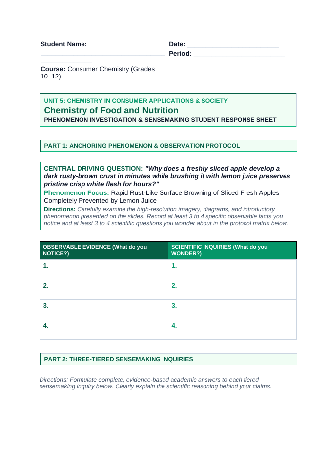 Chemistry of Food & Nutrition Phenomena-Based Lesson: Rapid Rust-Like Surface Browning of Sliced Fresh Apples Completely Prevented by Lemon Juice Student Response Sheet sample page
