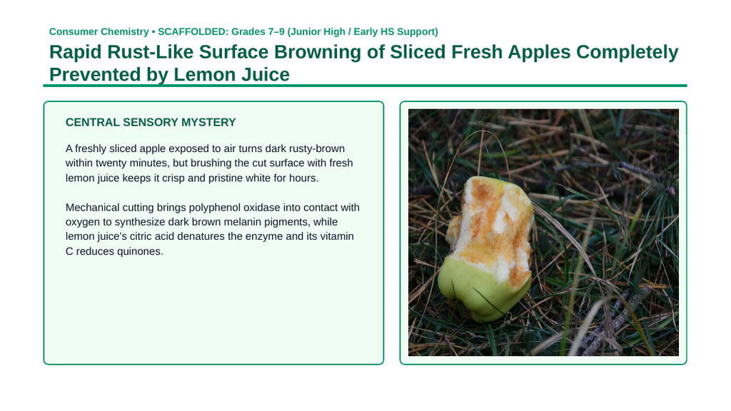 Chemistry of Food & Nutrition Scaffolded Phenomena-Based Lesson: Rapid Rust-Like Surface Browning of Sliced Fresh Apples Completely Prevented by Lemon Juice Presentation sample page