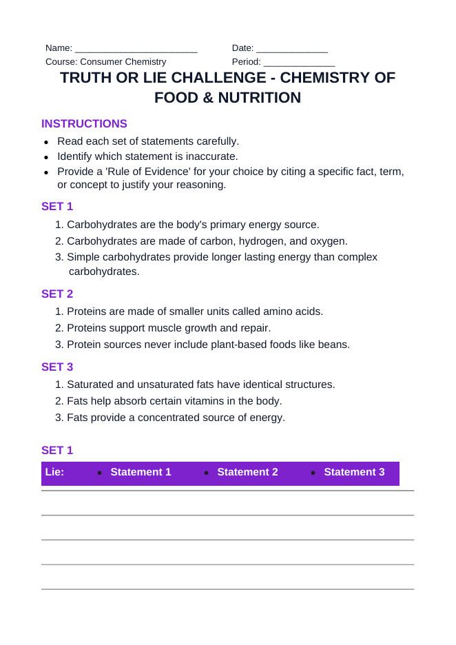 Chemistry of Food & Nutrition Truth or Lie Challenge sample page