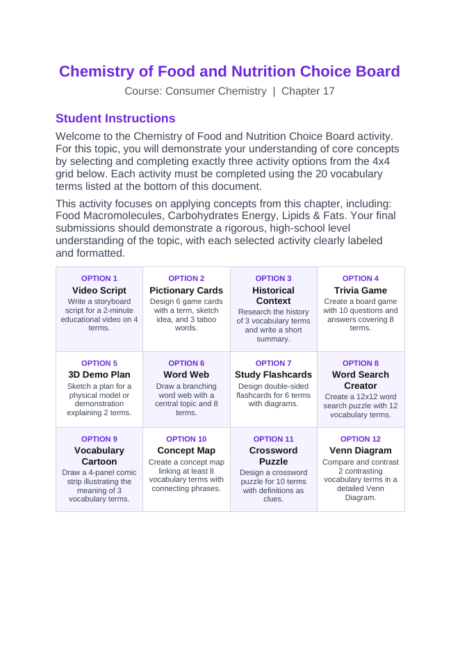 Chemistry of Food & Nutrition Vocabulary Choice Board sample page