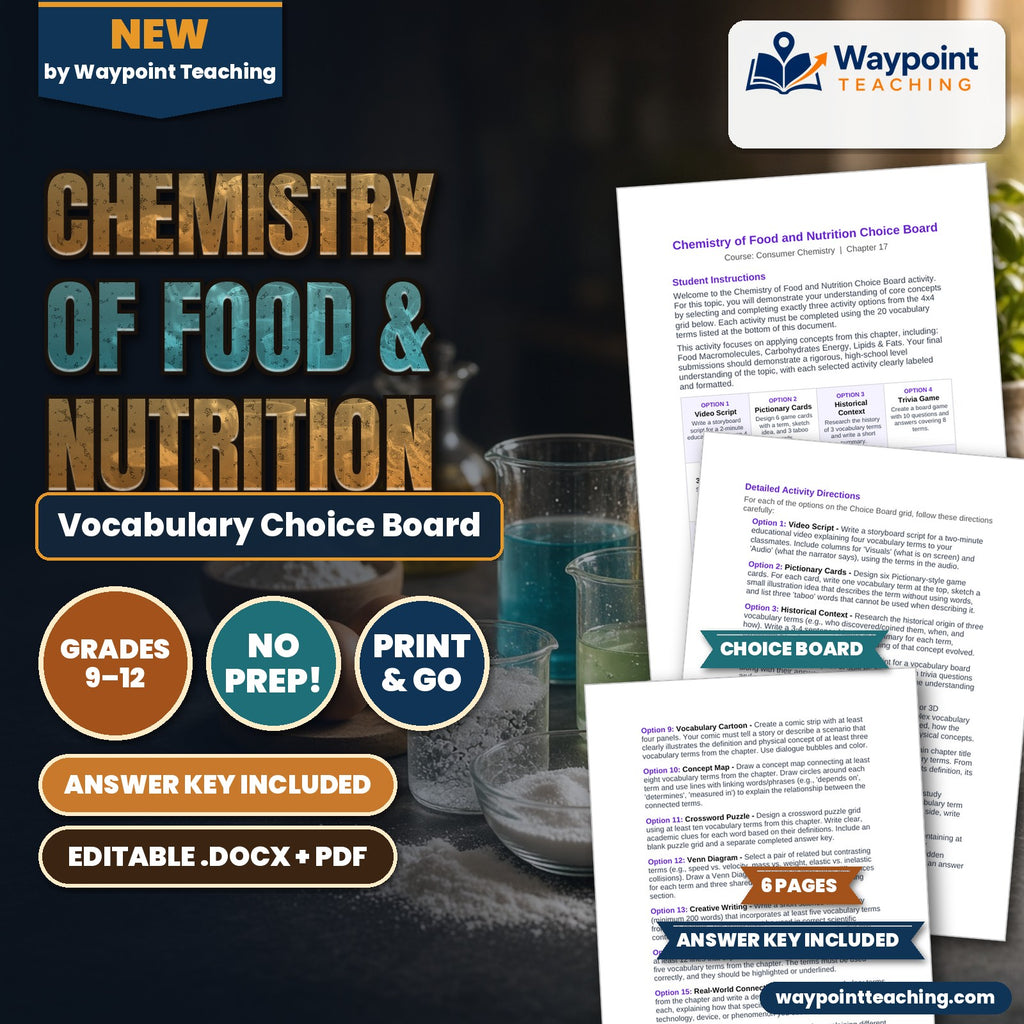 Chemistry of Food & Nutrition Vocabulary Choice Board cover