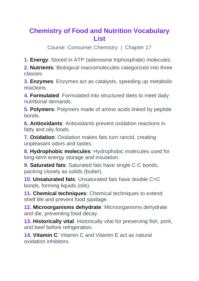 Chemistry of Food & Nutrition Vocabulary Words & Definitions sample page