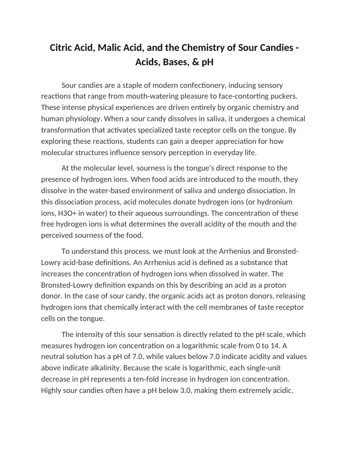 Citric Acid, Malic Acid, and the Chemistry of Sour Candies Reading Worksheet sample page