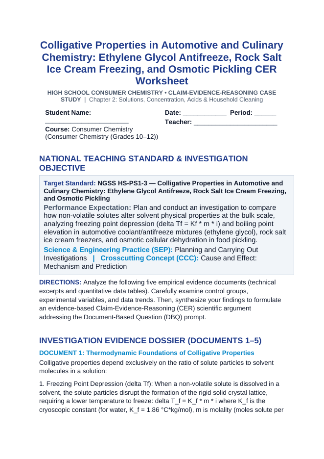 Colligative Properties in Automotive and Culinary Chemistry: Ethylene Glycol Antifreeze, Rock Salt Ice Cream Freezing, and Osmotic Pickling CER Phenomena Worksheet sample page