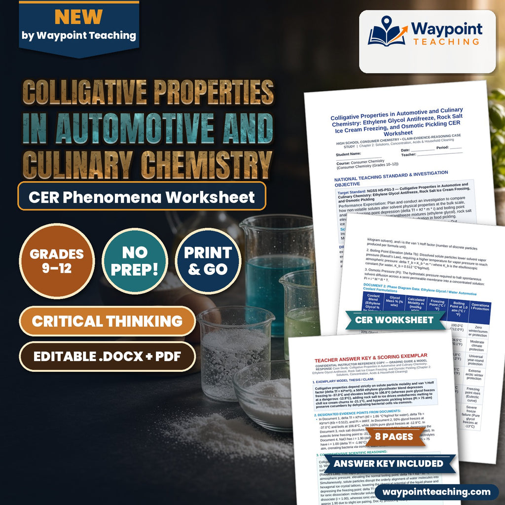 Colligative Properties in Automotive and Culinary Chemistry: Ethylene Glycol Antifreeze, Rock Salt Ice Cream Freezing, and Osmotic Pickling CER Phenomena Worksheet cover