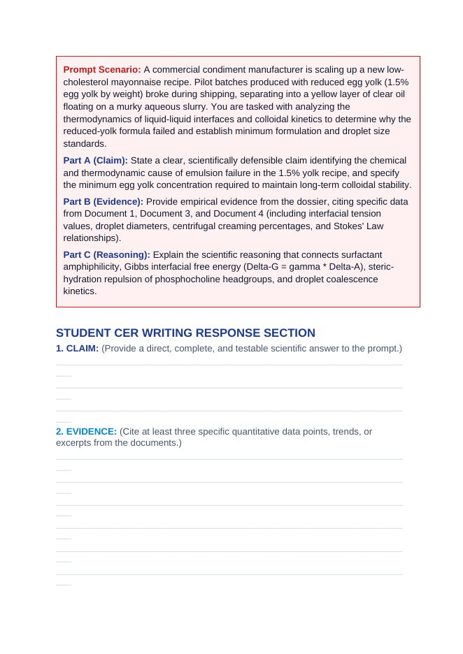 Colloidal Stability in Culinary Emulsions: Surfactant Amphiphilicity, Lecithin, and Interfacial Free Energy CER Phenomena Worksheet sample page