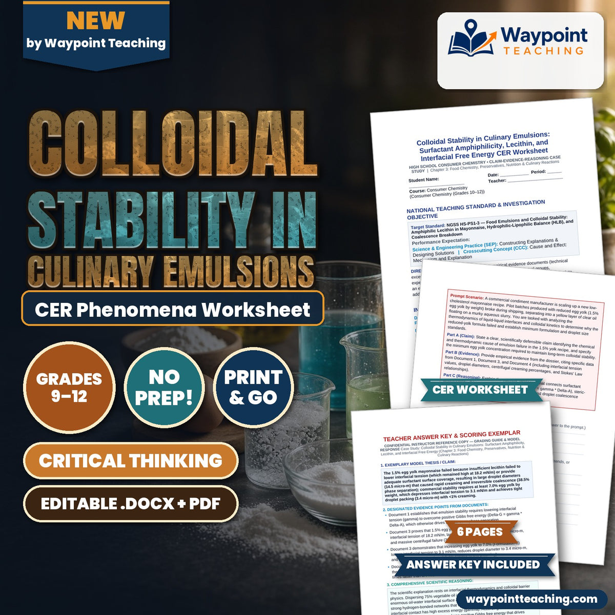 Colloidal Stability in Culinary Emulsions: Surfactant Amphiphilicity, Lecithin, and Interfacial Free Energy CER Phenomena Worksheet cover
