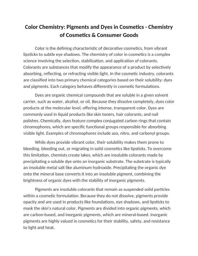 Color Chemistry: Pigments and Dyes in Cosmetics Reading Worksheet sample page