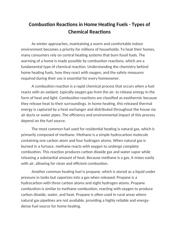 Combustion Reactions in Home Heating Fuels Reading Worksheet sample page