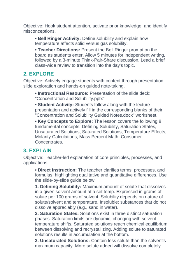 Concentration & Solubility 5E Lesson Plan sample page