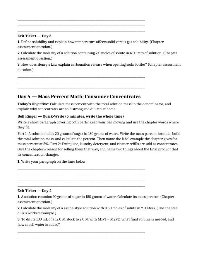 Concentration & Solubility Bell Ringers & Exit Tickets sample page