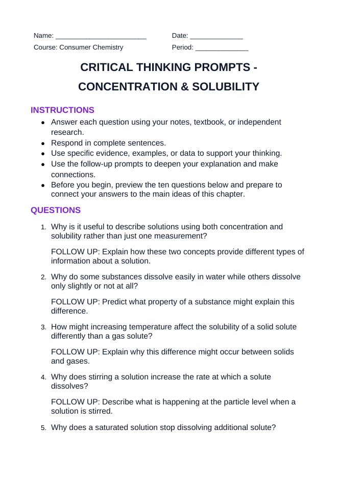 Concentration & Solubility Critical Thinking Prompts sample page