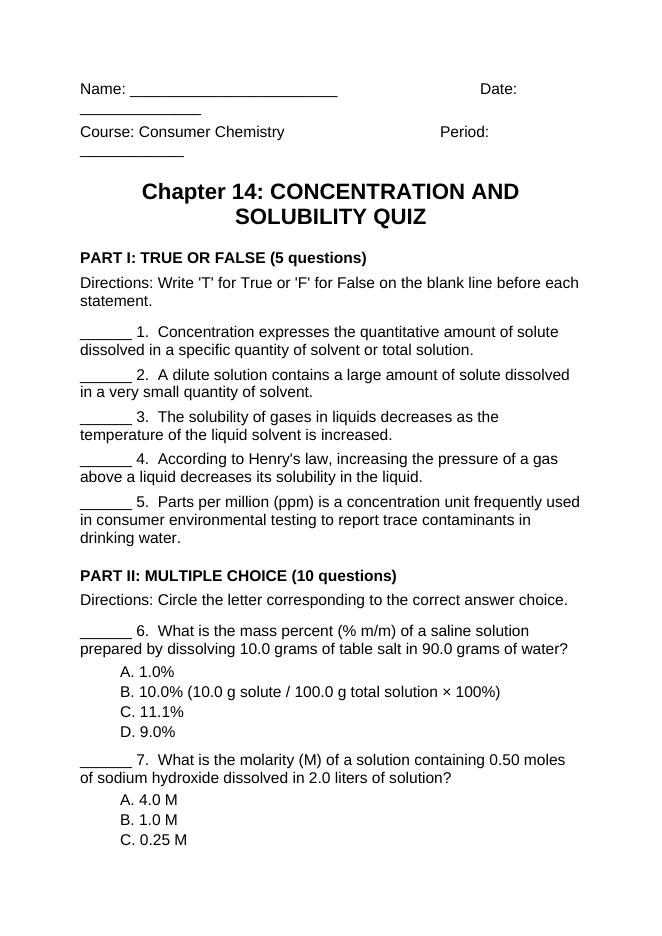 Concentration & Solubility Lesson Quiz sample page