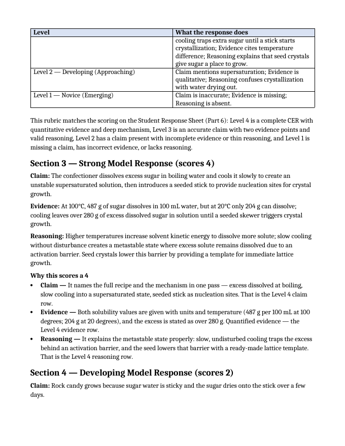 Concentration & Solubility Model Response & Scoring Guide sample page