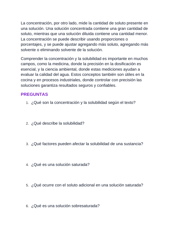 Concentration & Solubility Spanish Reading Passage & Comprehension Questions sample page