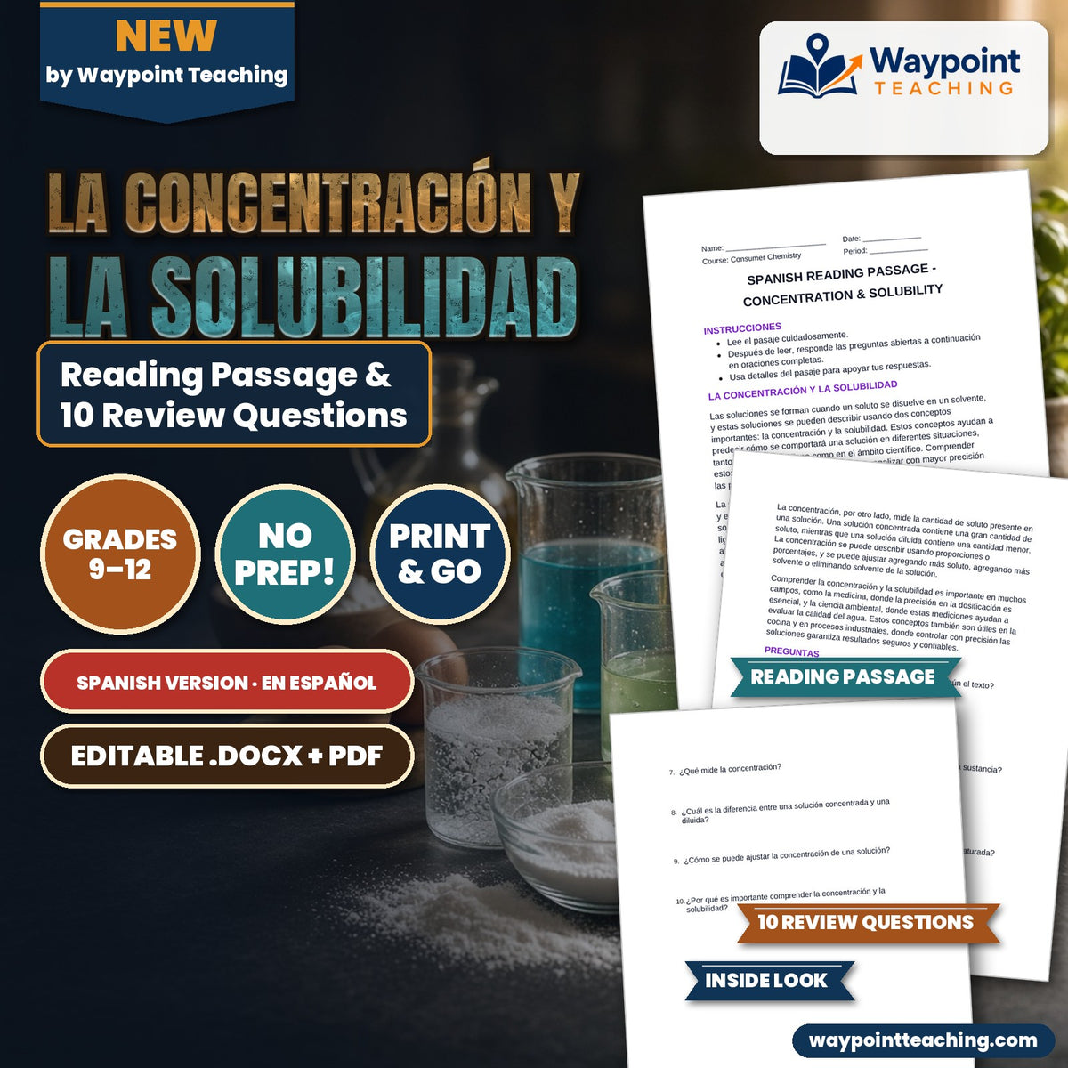 Concentration & Solubility Spanish Reading Passage & Comprehension Questions cover