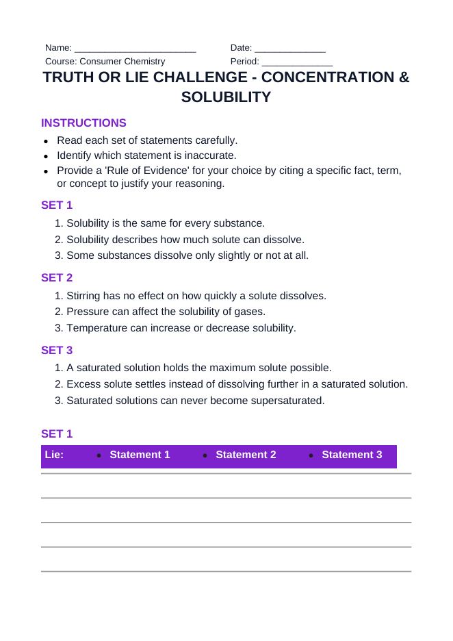 Concentration & Solubility Truth or Lie Challenge sample page