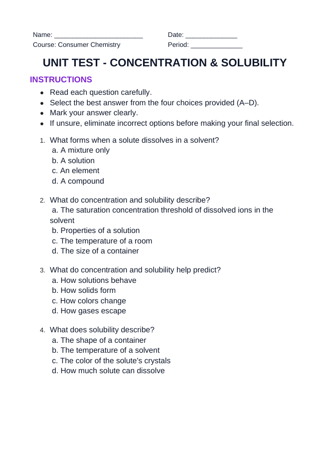 Concentration & Solubility Unit Test sample page
