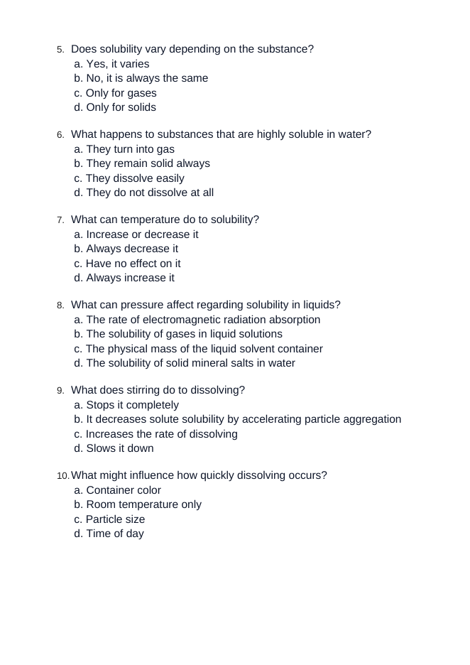 Concentration & Solubility Unit Test sample page