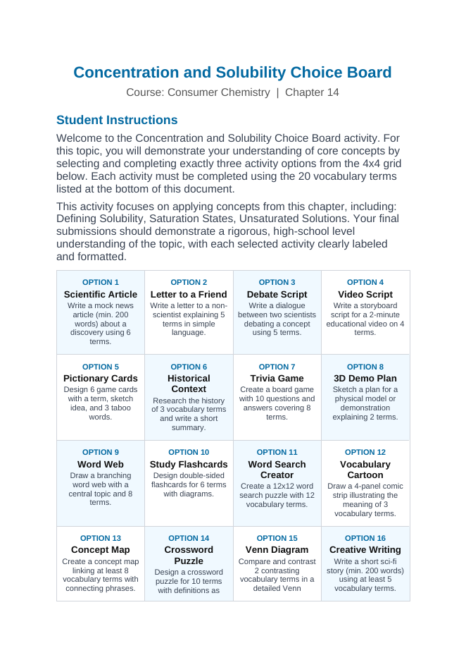 Concentration & Solubility Vocabulary Choice Board sample page