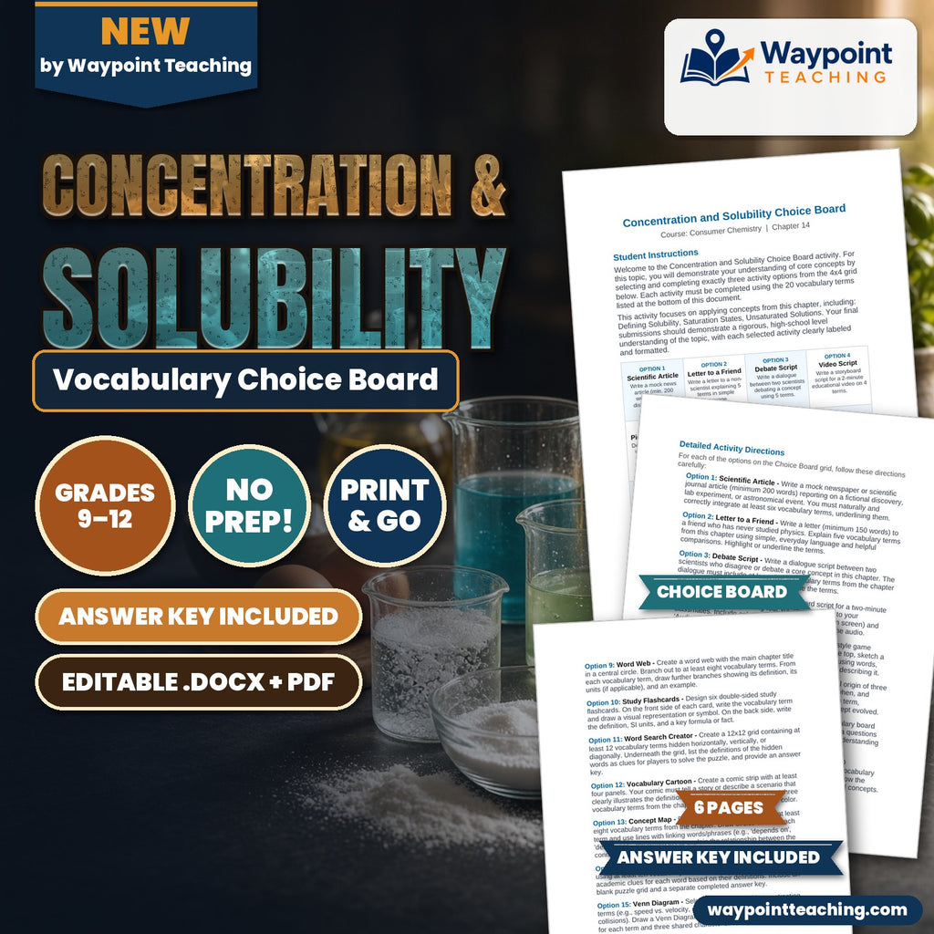Concentration & Solubility Vocabulary Choice Board cover