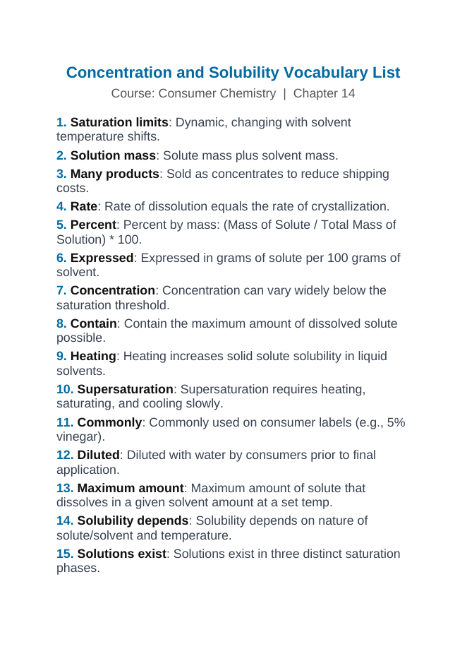 Concentration & Solubility Vocabulary Words & Definitions sample page