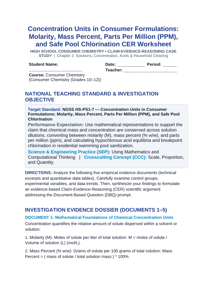 Concentration Units in Consumer Formulations: Molarity, Mass Percent, Parts Per Million (PPM), and Safe Pool Chlorination CER Phenomena Worksheet sample page
