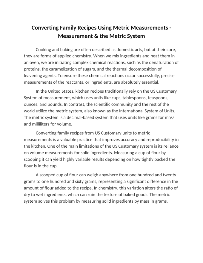 Converting Family Recipes Using Metric Measurements Reading Worksheet sample page