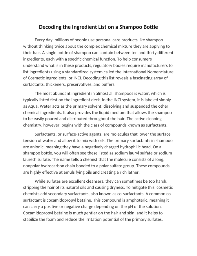 Decoding the Ingredient List on a Shampoo Bottle Reading Worksheet sample page