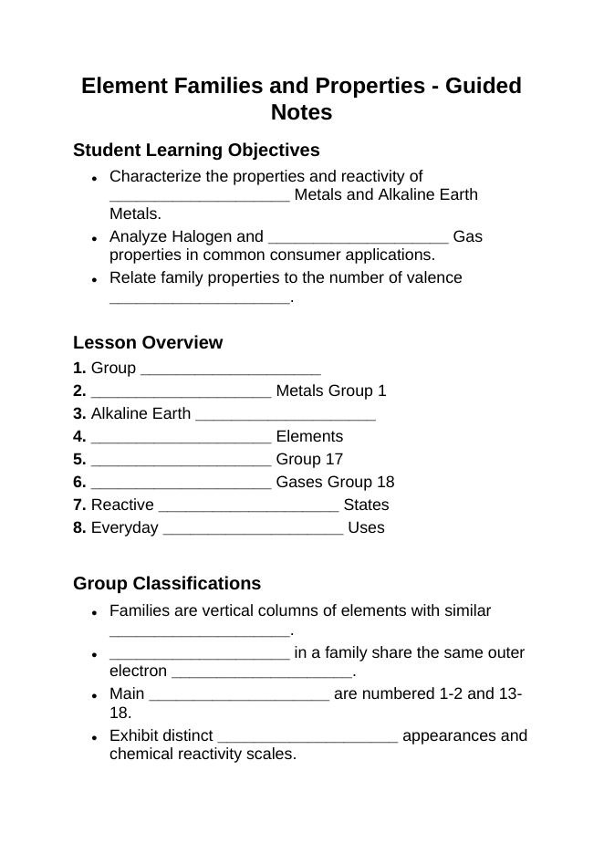 Element Families & Properties Guided Notes sample page