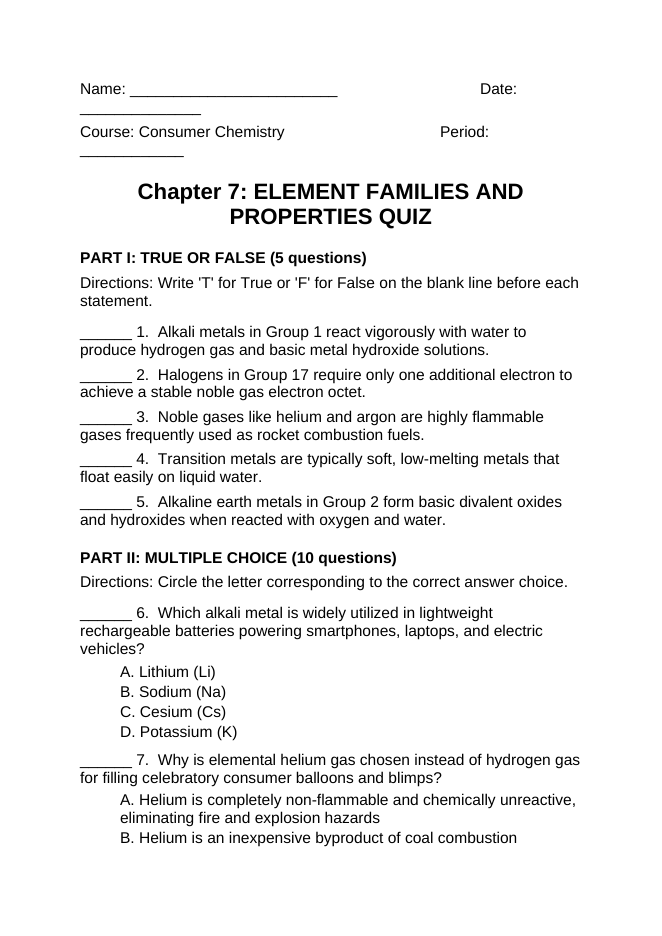 Element Families & Properties Lesson Quiz sample page