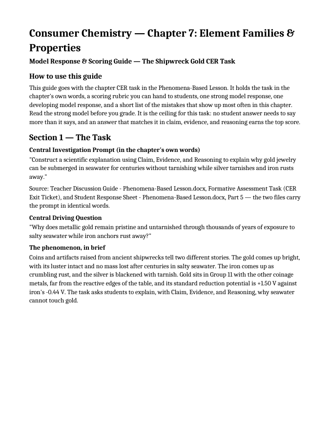 Element Families & Properties Model Response & Scoring Guide sample page