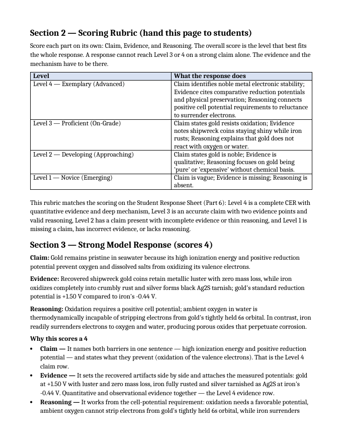 Element Families & Properties Model Response & Scoring Guide sample page