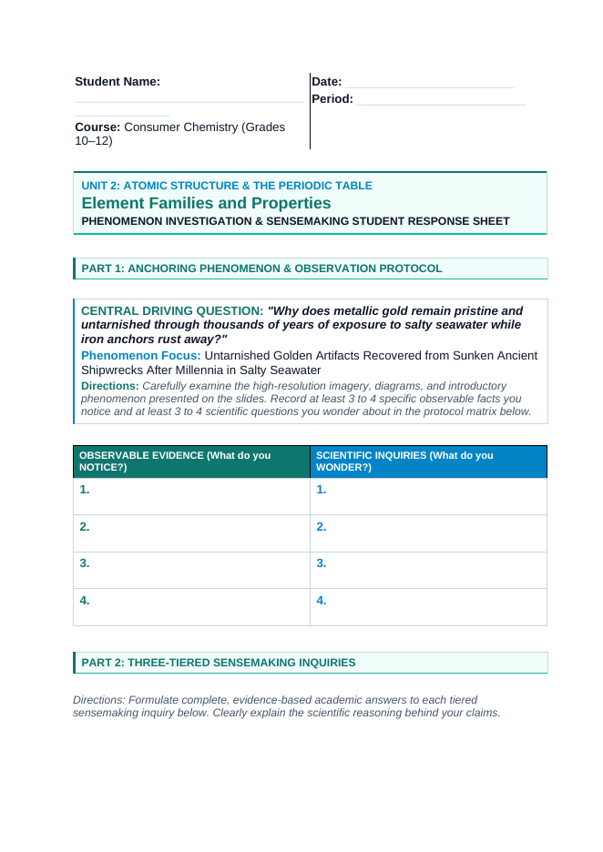 Element Families & Properties Phenomena-Based Lesson: Untarnished Golden Artifacts Recovered from Sunken Ancient Shipwrecks After Millennia in Salty Seawater Student Response Sheet sample page