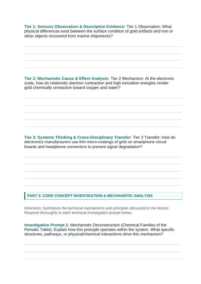 Element Families & Properties Phenomena-Based Lesson: Untarnished Golden Artifacts Recovered from Sunken Ancient Shipwrecks After Millennia in Salty Seawater Student Response Sheet sample page