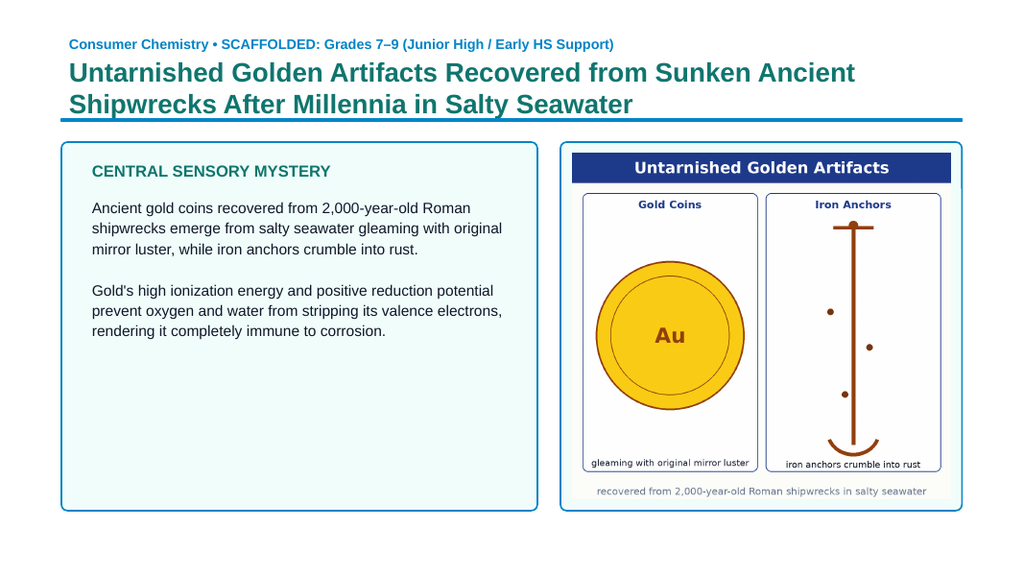 Element Families & Properties Scaffolded Phenomena-Based Lesson: Untarnished Golden Artifacts Recovered from Sunken Ancient Shipwrecks After Millennia in Salty Seawater Presentation sample page