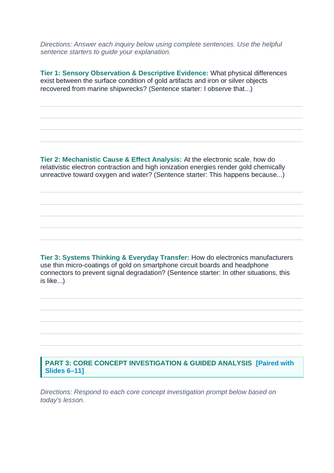 Element Families & Properties Scaffolded Phenomena-Based Lesson: Untarnished Golden Artifacts Recovered from Sunken Ancient Shipwrecks After Millennia in Salty Seawater Student Response Sheet sample page