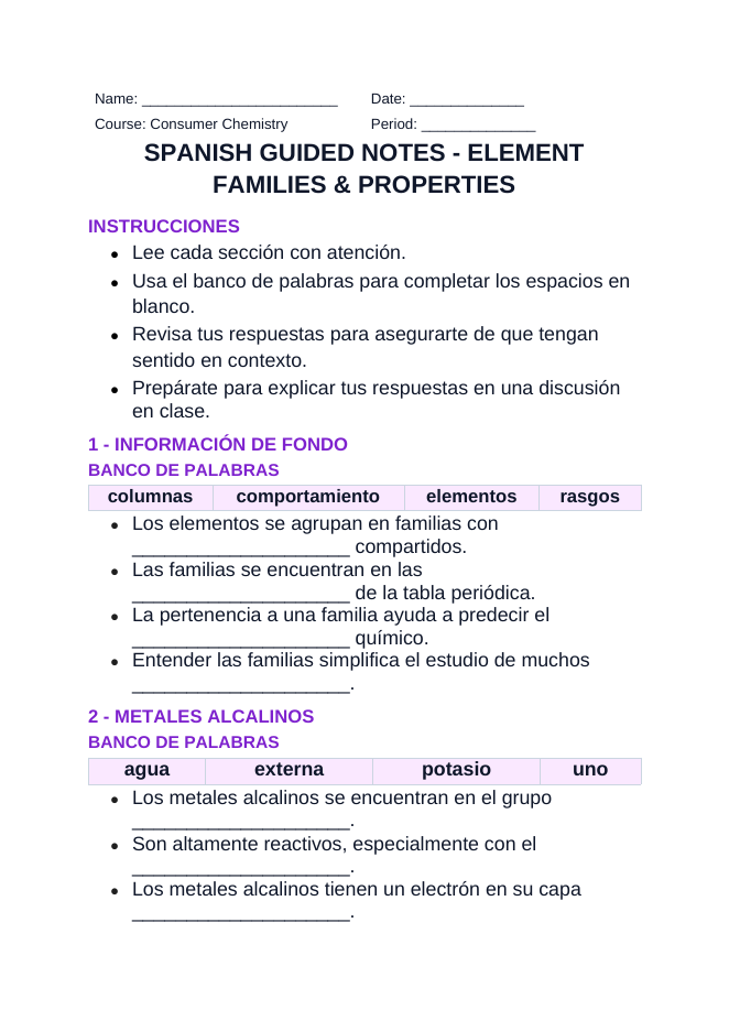 Element Families & Properties Spanish Guided Notes sample page