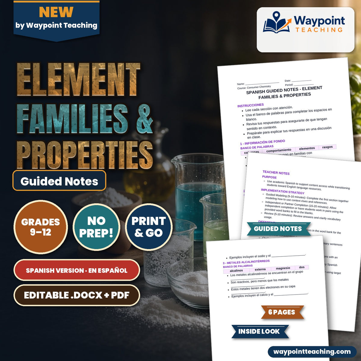 Element Families & Properties Spanish Guided Notes cover