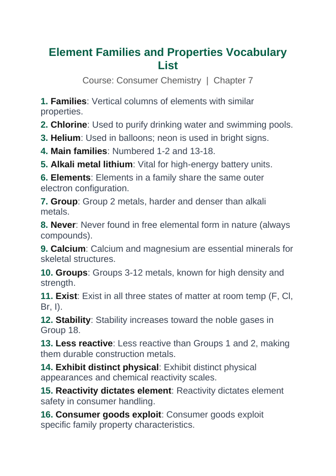 Element Families & Properties Vocabulary Words & Definitions sample page