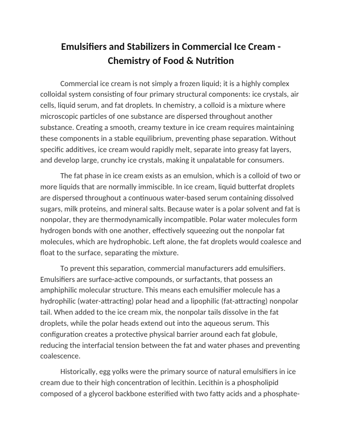 Emulsifiers and Stabilizers in Commercial Ice Cream Reading Worksheet sample page