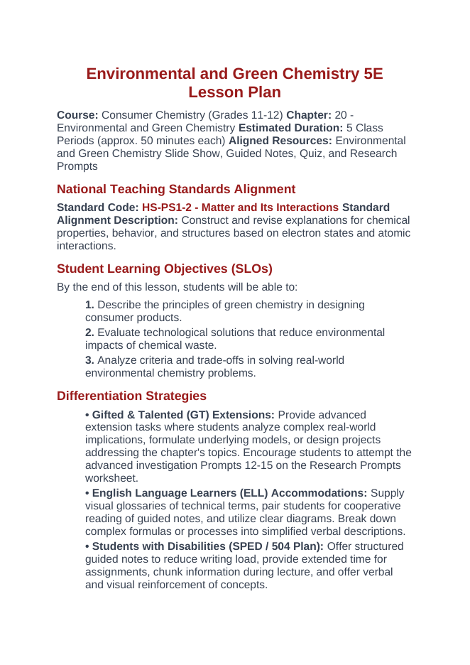 Environmental & Green Chemistry 5E Lesson Plan sample page