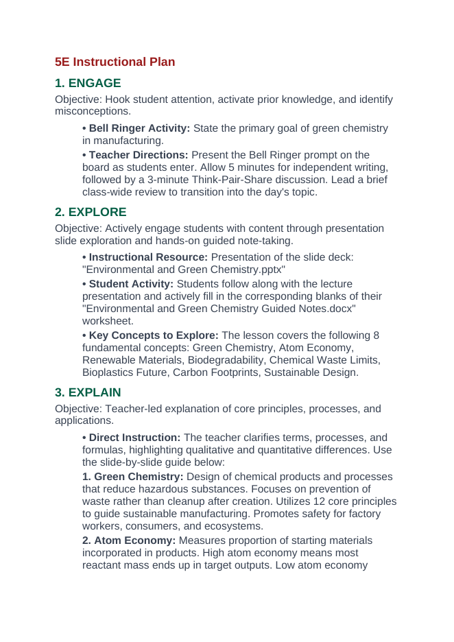 Environmental & Green Chemistry 5E Lesson Plan sample page