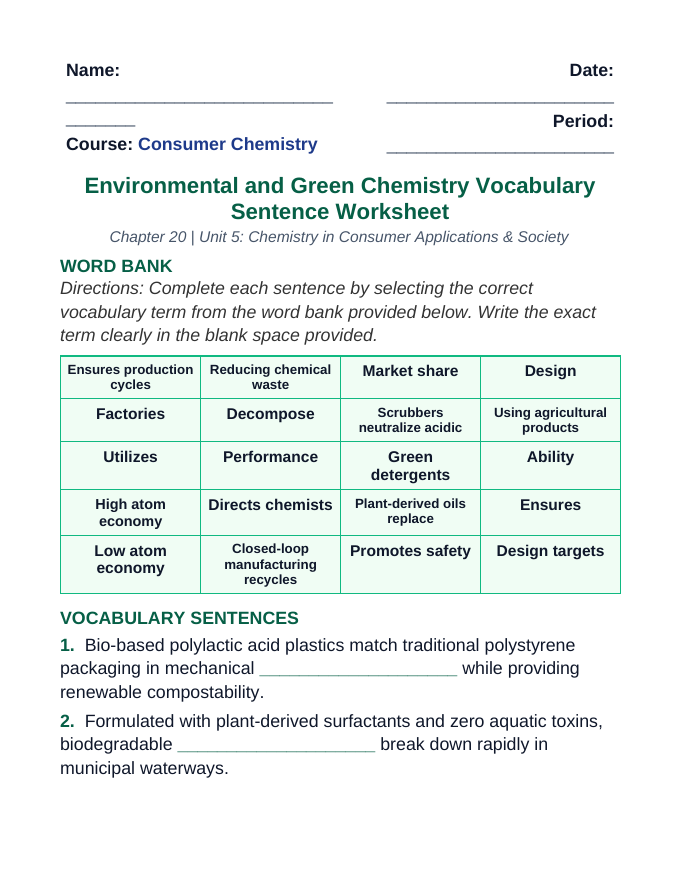 Environmental & Green Chemistry Fill-in-the-Blank Vocabulary Worksheet sample page