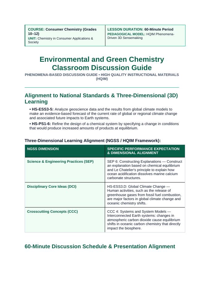 Environmental & Green Chemistry Phenomena-Based Lesson: Accelerated Skeletal Dissolution of Marine Mollusk Shells and Coral Reefs in Acidified Seawater Teacher Discussion Guide sample page