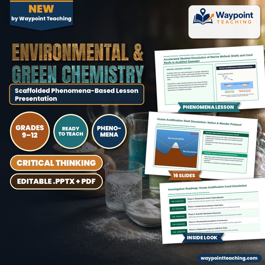 Environmental & Green Chemistry Scaffolded Phenomena-Based Lesson: Accelerated Skeletal Dissolution of Marine Mollusk Shells and Coral Reefs in Acidified Seawater Presentation cover